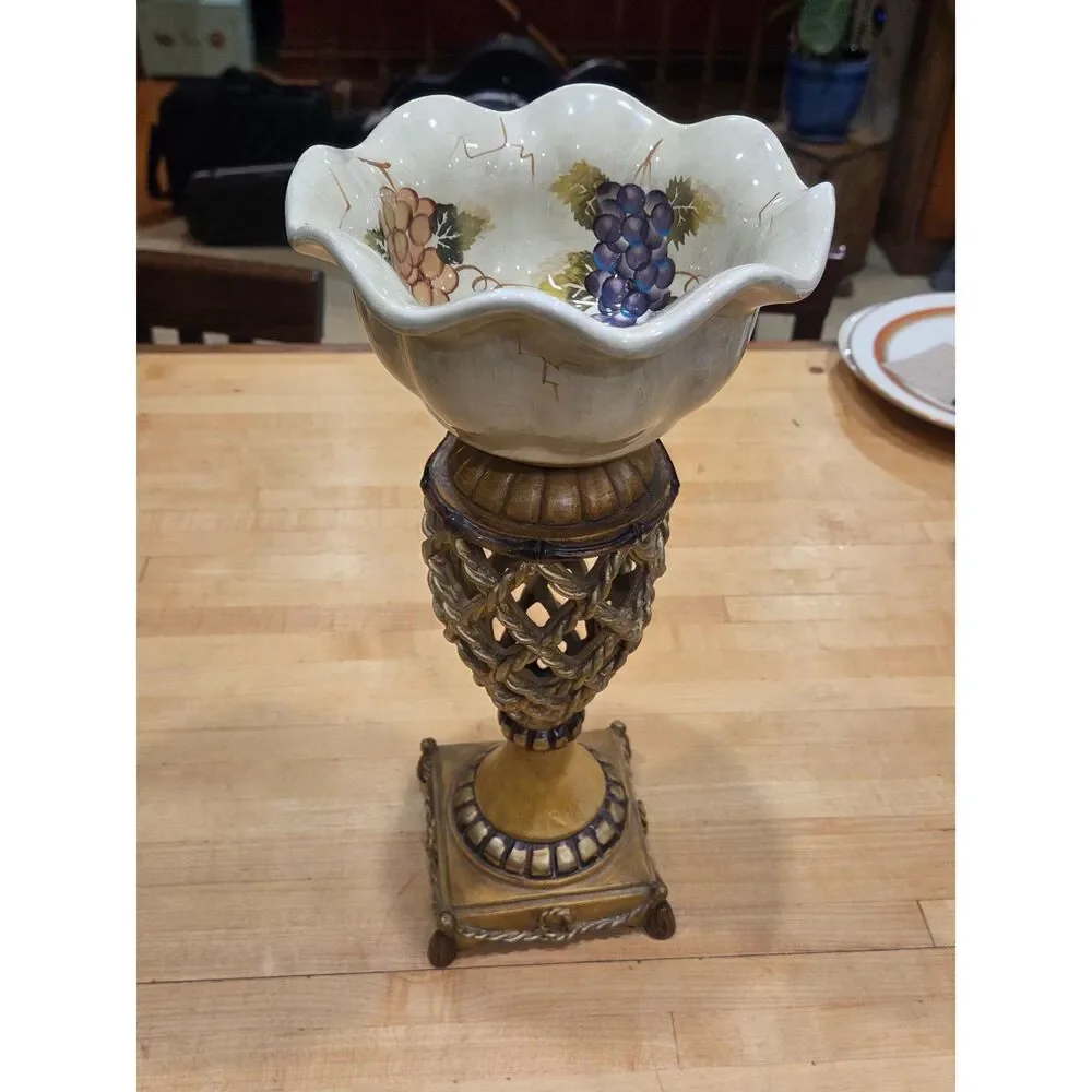 Vintage Tuscan Style Grape Pattern Ceramic Pedestal Compote Bowl Centerpiece